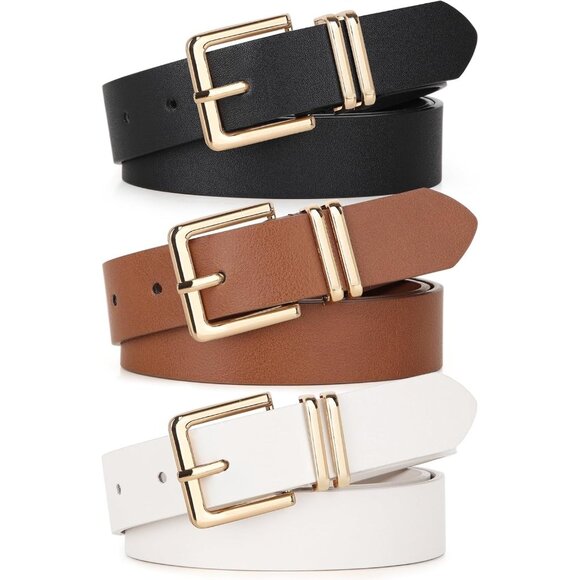 Pack 3 Women's Belts for Jeans Pants Gold Buckle Leather Belts Black Brown White - Picture 3 of 5